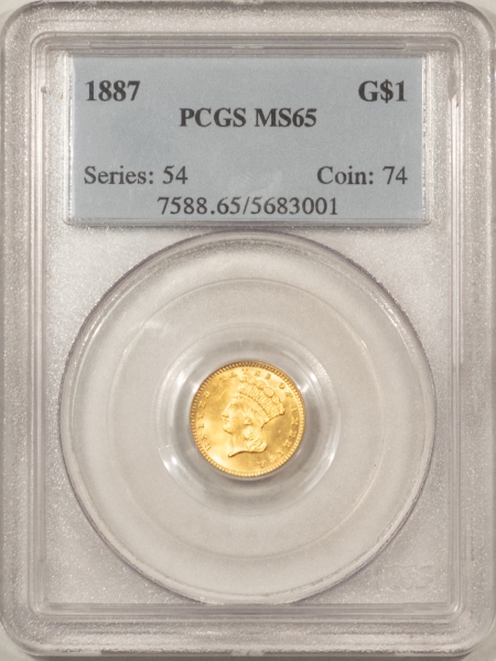 $1 1887 $1 GOLD DOLLAR – PCGS MS-65, PREMIUM QUALITY! MINTAGE 7500!