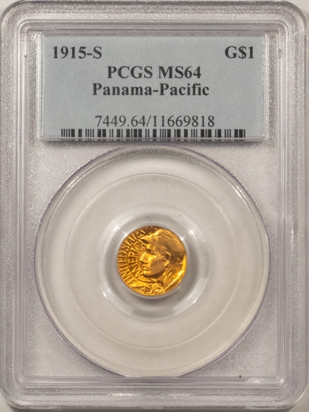 Gold 1915-S $1 PAN-PAC GOLD COMMEMORATIVE – PCGS MS-64, PRETTY, PREMIUM QUALITY!