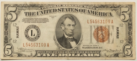 New Store Items 1934 $5 FEDERAL RESERVE EMERGENCY NOTE, HAWAII, FR-2302 – NICE, VERY FINE!