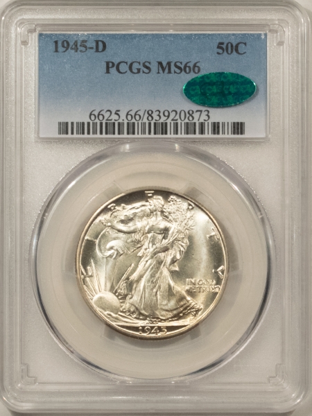 CAC Approved Coins 1945-D WALKING LIBERTY HALF DOLLAR – PCGS MS-66 CAC, LUSTROUS, PREMIUM QUALITY!