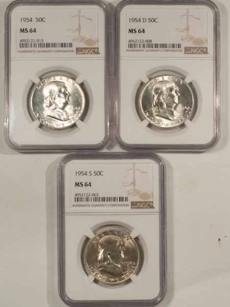 Franklin Halves 1954-P/D/S FRANKLIN HALF DOLLARS, 3 COIN YEAR SET – NGC MS-64, NEAR GEM!