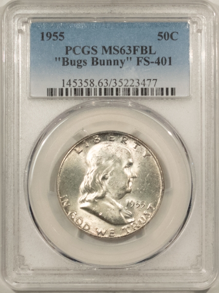 Franklin Halves 1955 FRANKLIN HALF DOLLAR, BUGS BUNNY, FS-401 – PCGS MS-63 FBL