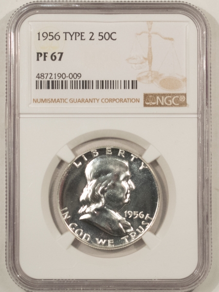 Franklin Halves 1956 PROOF FRANKLIN HALF DOLLAR, TYPE 2 – NGC PF-67, STONE WHITE & SUPERB!