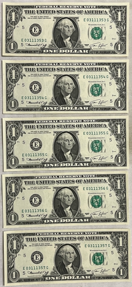 New Store Items 1974 $1 FEDERAL RESERVE NOTE, LOT OF 5 CONSECUTIVE NOTES, FR-1908E – GEM CU!