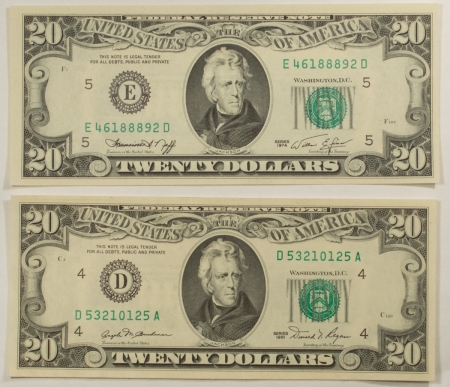 New Store Items 1974/1981 $20 FEDERAL RESERVE NOTES LOT OF 2, FR-2071E/2073D FRESH NICE CU NOTES