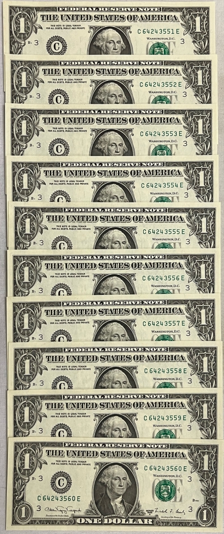 New Store Items 1988-A $1 FEDERAL RESERVE NOTE, LOT OF 10 CONSECUTIVE NOTES, FR-1915C – GEM CU!