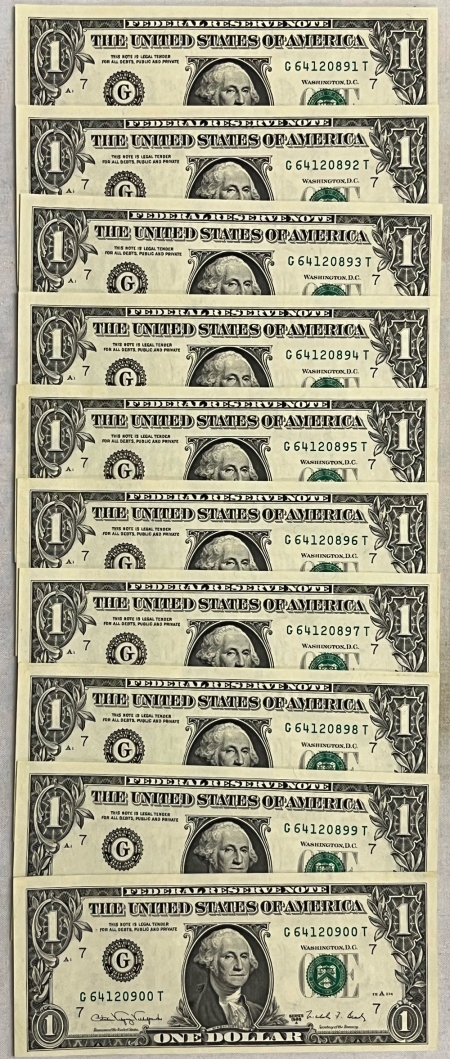 New Store Items 1988-A $1 FEDERAL RESERVE NOTE, LOT OF 10 CONSECUTIVE NOTES, FR-1916G – GEM CU!