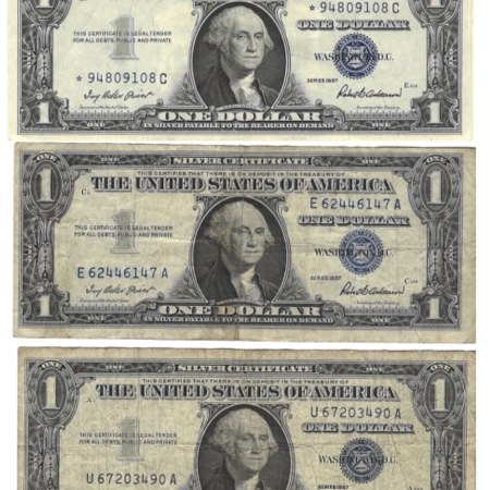 Small Silver Certificates 1957 (4) & 1957* (1) $1 SILVER CERTIFICATES; 5 PIECE LOT W/ A STAR NOTE, VF-AU