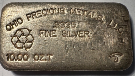 Bullion 10 OZ .9995 FINE SILVER BAR, VINTAGE OHIO PRECIOUS METALS, LLC POURED STYLE