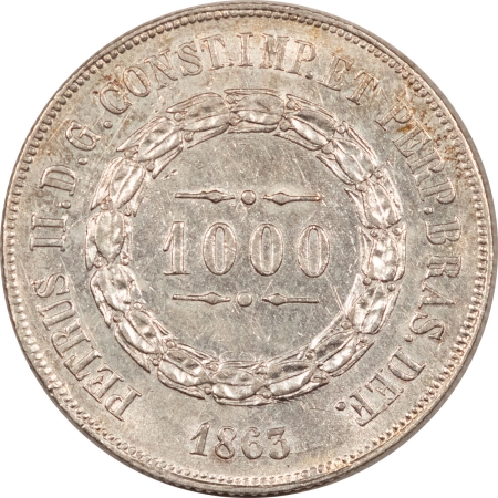 World Certified Coins 1863 BRAZIL 1000 REIS SILVER KM-465 AU/UNC W/LIGHT SCRATCHES