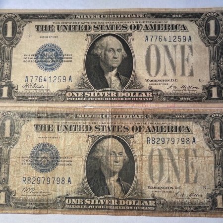Small Silver Certificates 1928 & 1928-A $1 SILVER CERTIFICATES, FUNNYBACKS, LOT OF 2 NOTES, AVERAGE CIRC