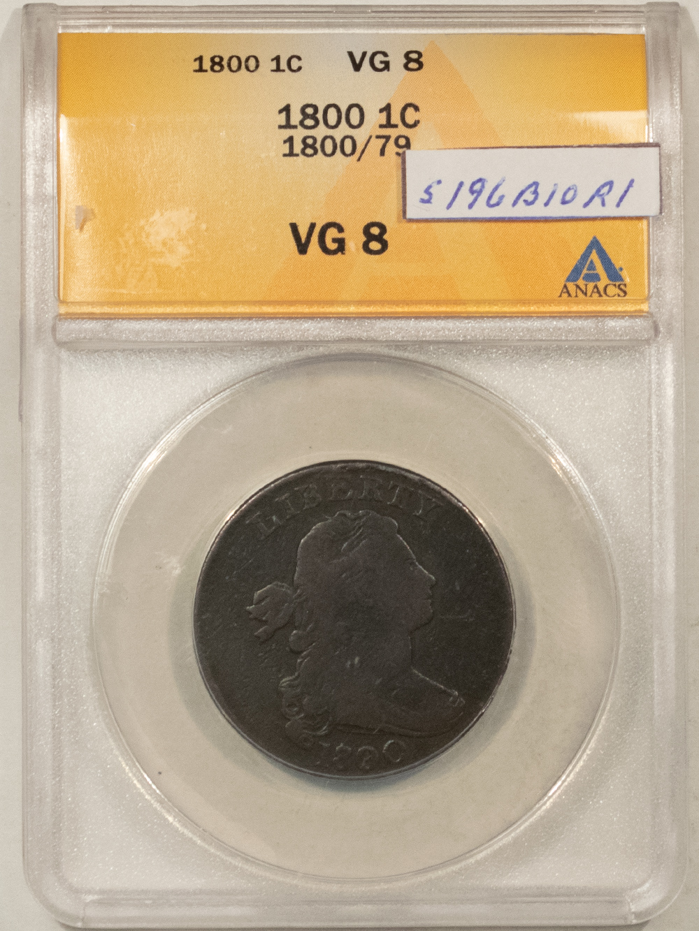1800 DRAPED BUST LARGE CENT - 1800/79 - ANACS VG-8, SMOOTH!