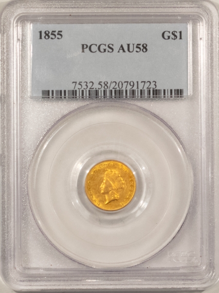 $1 1855 TYPE 2 $1 GOLD DOLLAR – PCGS AU-58, SMOOTH, TOUGH DATE!