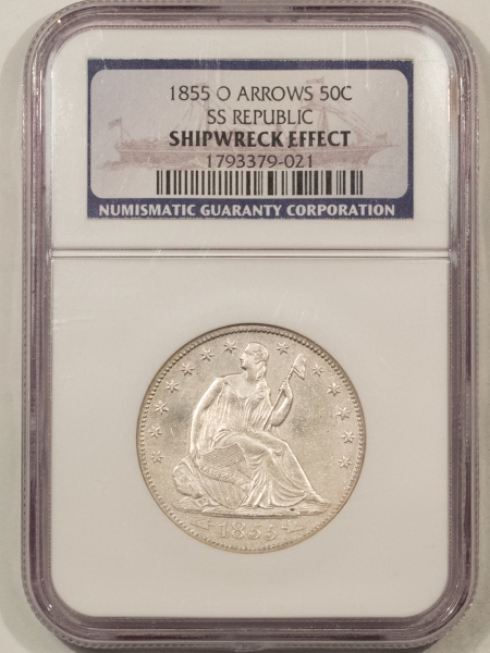 Half Dollars 1855-O ARROWS LIBERTY SEATED HALF DOLLAR S.S. REPUBLIC, NGC SHIPWRECK, LOOKS UNC