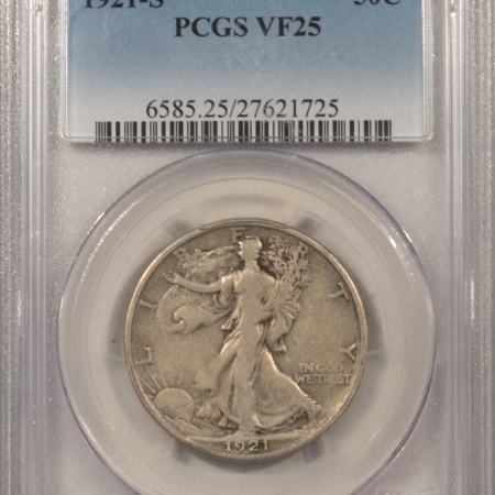 U.S. Certified Coins 1921-S WALKING LIBERTY HALF DOLLAR – PCGS VF-25, NICE ORIGINAL, KEY-DATE!