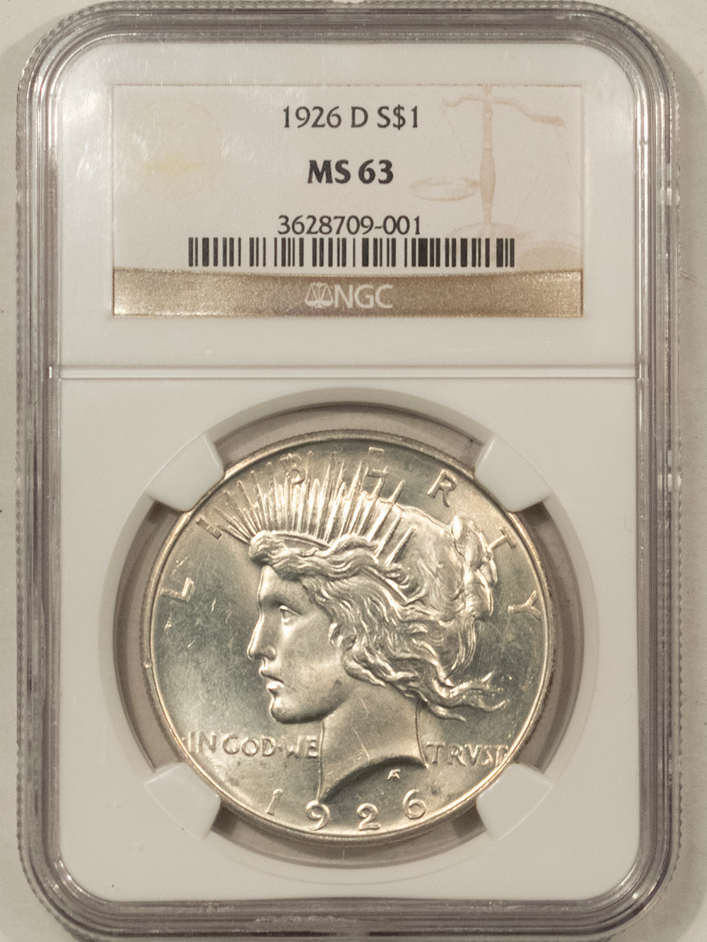 1926-D PEACE DOLLAR - NGC MS-63, WHITE AND CHOICE!