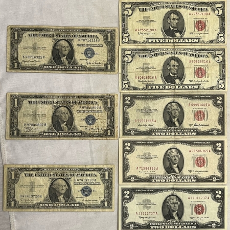 Small U.S. Notes 1935A-1957 X3 $1 SC, 1953-1963 X3 $2 USN, 1963 X2 $5 USN 8 NOTES – VG-XF MOST VF