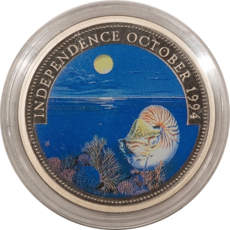 World Certified Coins 1994 $1 MACAU INDEPENDENCE W/ COLORIZED OCEAN SCENE, KM-8 – GEM PROOF/IN CAPSULE