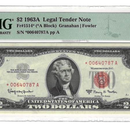 Small U.S. Notes 1963-A $2 LEGAL TENDER STAR NOTE, FR-1514*, PMG GEM UNCIRCULATED 66 EPQ-SUPERB!