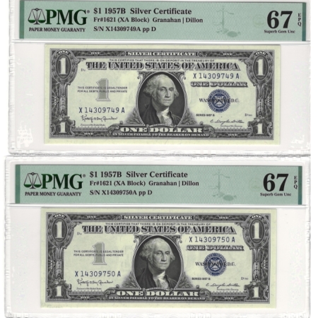 Small Silver Certificates 1957-B $1 SILVER CERT. CONSECUTIVE PAIR, FR-1621, BOTH PMG SUPERB GEM UNC-67 EPQ