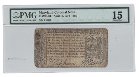 Continental & Colonial Currency MARYLAND COLONIAL NOTE, FR-MD-63 APRIL 10, 1774  $1/3, S/N 14002, PMG CH FINE-12