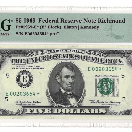 Small Federal Reserve Notes 1969 $5 FEDERAL RESERVE NOTE, RICHMOND, STAR, FR #1969-E*, PMG GEM UNC-66 EPQ!