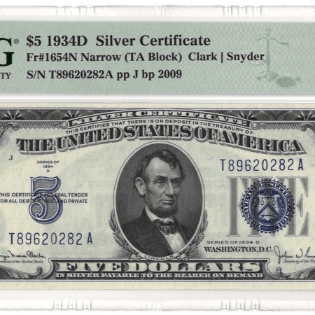 Small Silver Certificates 1934-D $5 SILVER CERTIFICATE, NARROW, FR-1654N, PMG GRADED GEM UNC-65 EPQ!