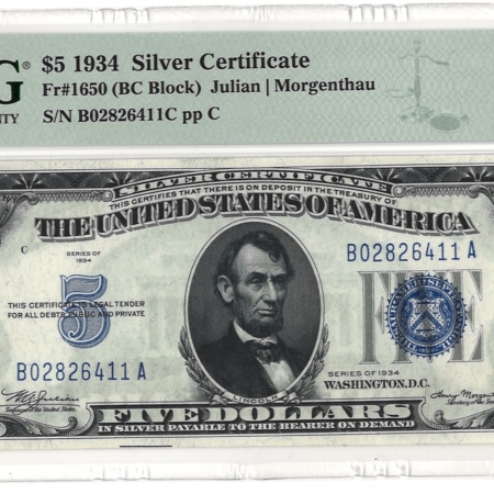 Small Silver Certificates 1934 $5 SILVER CERTIFICATE, FR-1650, PMG GEM UNCIRCULATED-66 EPQ!