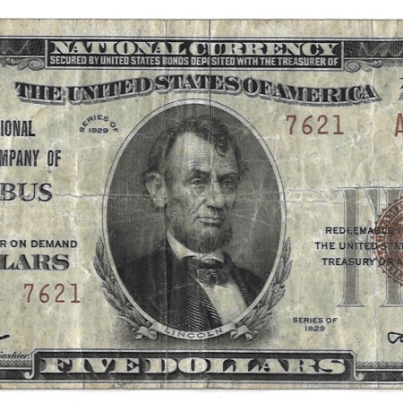 Small National Currency 1929 $5 TY 2 NATIONAL BANK NOTE, CITY NATIONAL BANK OF COLUMBUS, OHIO, FINE/VF