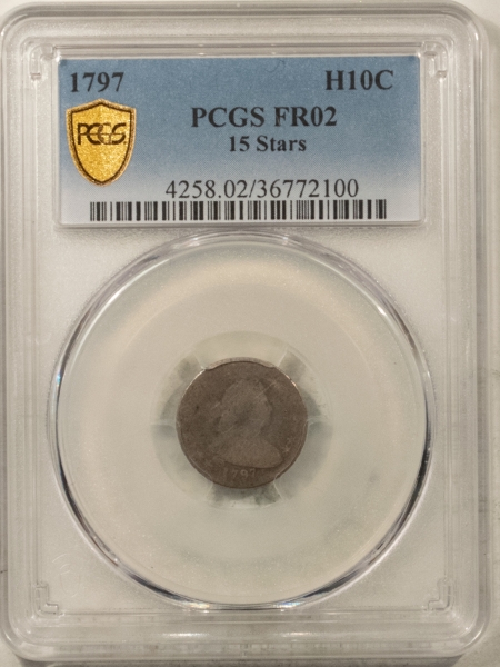 Draped Bust Half Dimes 1797 DRAPED BUST HALF DIME, 15 STARS – PCGS FR-2, TOUGH! FULL DATE, GOOD REVERSE