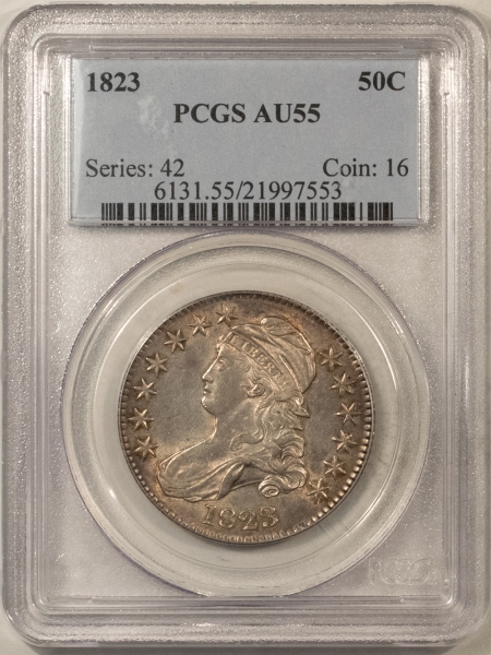 Early Halves 1823 CAPPED BUST HALF DOLLAR – PCGS AU-55, FLASHY!