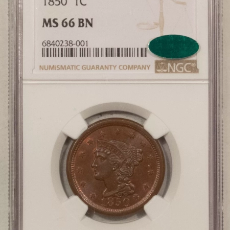 U.S. Certified Coins 1850 BRAIDED HAIR LARGE CENT – NGC MS-66 BN, AWESOME! CAC APPROVED!