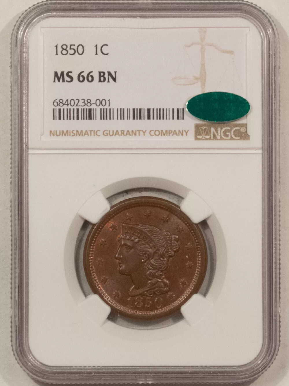 1850 BRAIDED HAIR LARGE CENT - NGC MS-66 BN, AWESOME! CAC APPROVED!