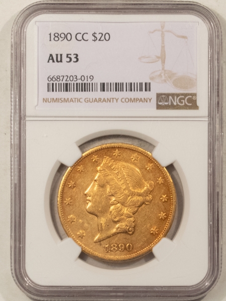 $20 1890-CC $20 LIBERTY GOLD, NGC AU-53, CRUSTY ORIGINAL W/ WHOLESOME LUSTER!