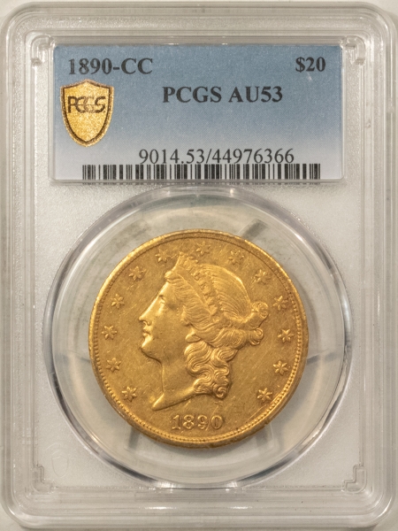 $20 1890-CC $20 LIBERTY GOLD, PCGS AU-53, MUCH REMAINING LUSTER-ATTRACTIVE!