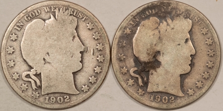 Barber Halves 1902, 1902-S BARBER HALF DOLLARS, LOT/2 – LOW GRADE EXAMPLES, 1902 IS STAINED!