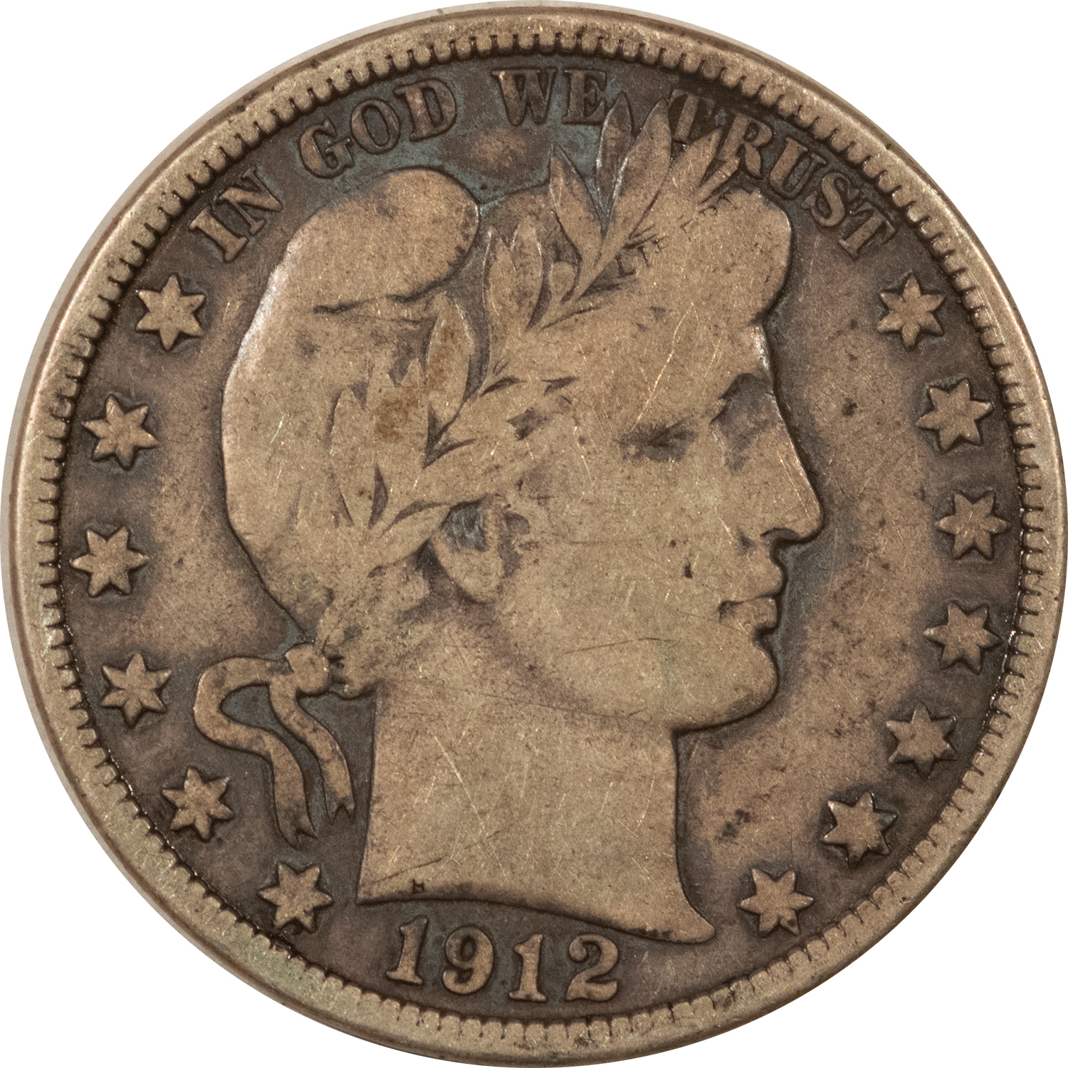1912 BARBER HALF DOLLAR - CIRCULATED, ALL LETTERS OF LIBERTY VISIBLE!