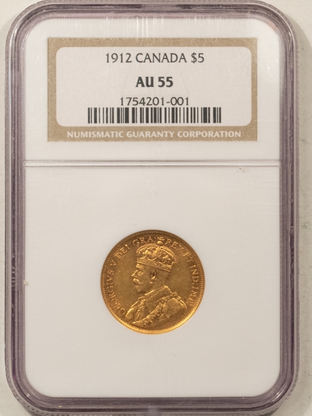 New Certified Coins 1912 $5 CANADA GOLD, .2419 FINE GOLD, KM#26 – NGC AU-55, LUSTROUS ORIGINAL!