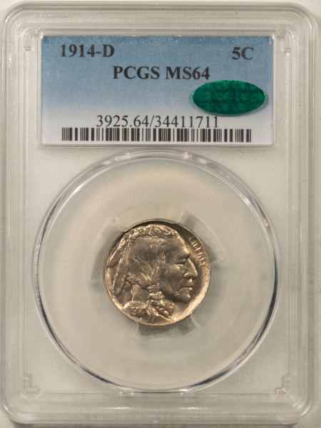 Buffalo Nickels 1914-D BUFFALO NICKEL – PCGS MS-64, LUSTROUS, PREMIUM QUALITY & CAC APPROVED!