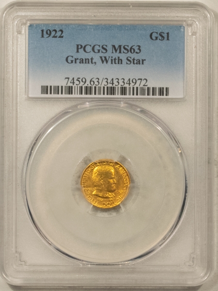 Gold 1922 $1 GRANT GOLD COMMEMORATIVE WITH STAR – PCGS MS-63, CHOICE!
