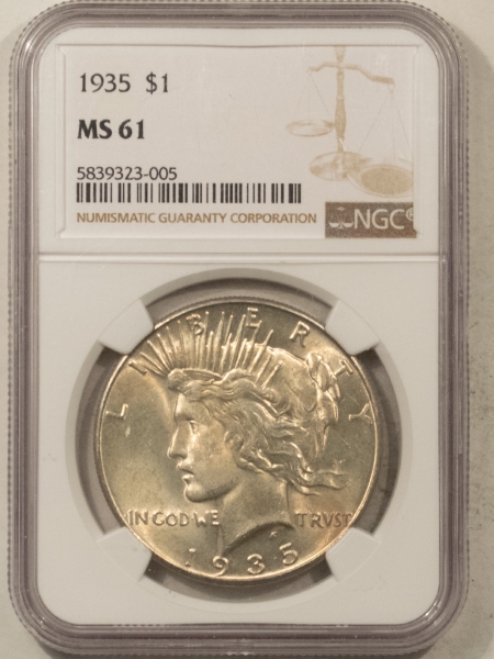 New Certified Coins 1935 $1 PEACE DOLLAR – NGC MS-61, ORIGINAL SATINY!