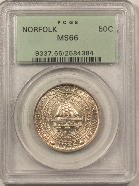 New Certified Coins 1936 NORFOLK COMMEMORATIVE HALF DOLLAR – PCGS MS-66, OLD GREEN HOLDER & PQ!