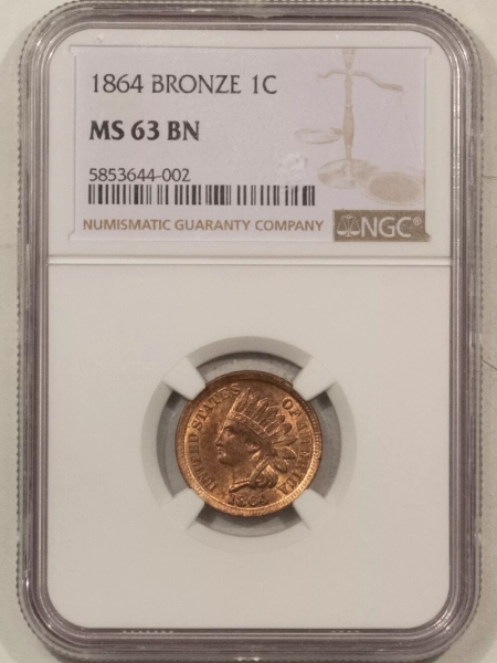 Indian 1864 BRONZE INDIAN CENT – NGC MS-63 BN, LOOKS RED-BROWN! PREMIUM QUALITY!