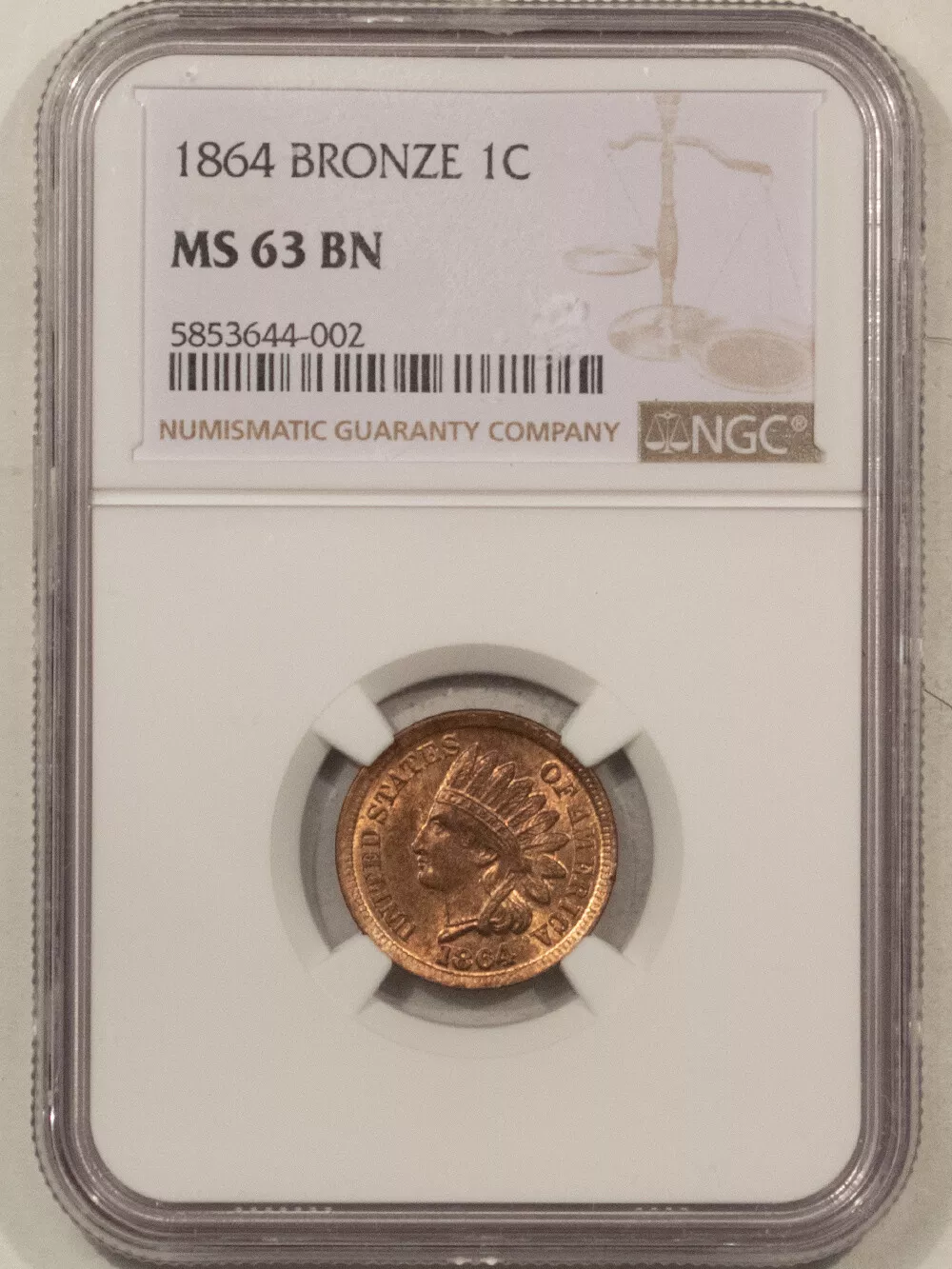 1864 BRONZE INDIAN CENT - NGC MS-63 BN, LOOKS RED-BROWN! PREMIUM QUALITY!