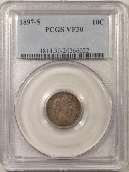 Barber Dimes 1897-S BARBER DIME – PCGS VF-30, PERFECT ORIGINAL!