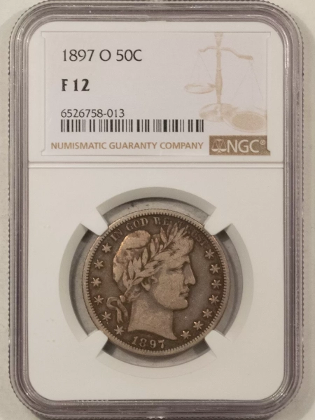 Barber Halves 1897-O BARBER HALF DOLLAR – NGC F-12, GREAT LOOK!