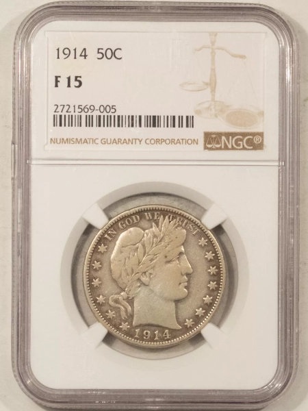 Barber Halves 1914 BARBER HALF DOLLAR – NGC F-15, KEY-DATE!