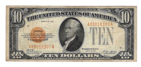 New Store Items 1928 $10 GOLD CERTIFICATE, FR-2400, ORIGINAL VF, SMALL MARGIN TEAR @ 9:00