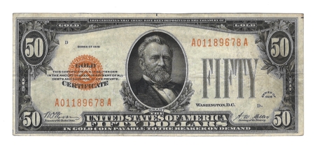 New Store Items 1928 $50 GOLD CERTIFICATE, FR-2404, ORIGINAL VF, REPAIRED 4mm MINOR EDGE SPLIT