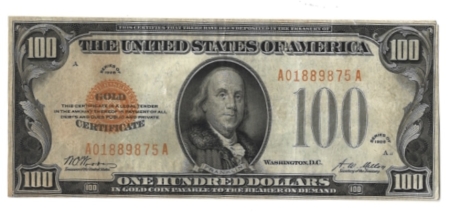 New Store Items 1928 $100 GOLD CERTIFICATE, FR-2405, VF, SMALL CORNER NICK-AFFORDABLE EXAMPLE!